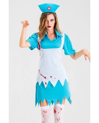 Jade-blue Nurse Blood Print Horror Halloween Cosplay Costume