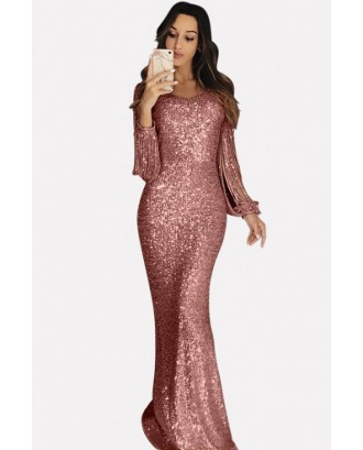 Glitter Sequin Fringe Long Sleeve Sexy Maxi Dress