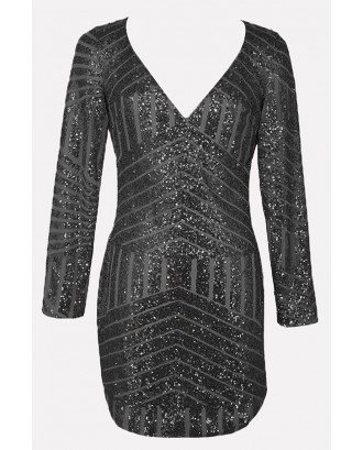 Black Sequin Plunging Curved Hem Long Sleeve Sexy Dress