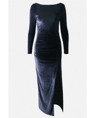 Dark-blue Velour Ruched Hight Slit Long Sleeve Backless Sexy Maxi Dress