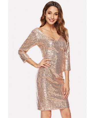 Rose-gold Sequin V Neck 3/4 Sleeve Sexy Dress