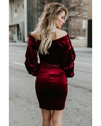 Dark-red Velour Wrap Surplice Neck Puff Sleeve Tulip Hem Elegant Dress