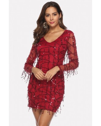 Dark-red Sequin Mesh Fringe V Neck Long Sleeve Sexy Bodycon Dress