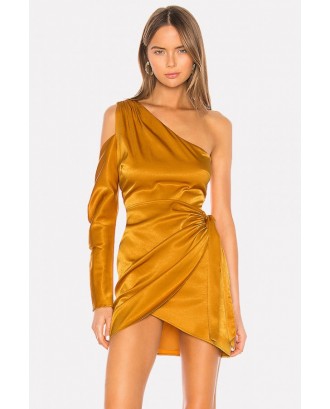 Gold Satin One Shoulder Wrap Asymmetric Hem Chic Dress