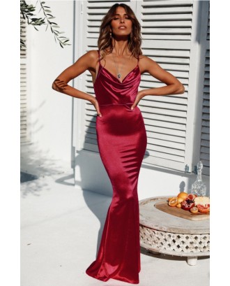 Red Velour Spaghetti Straps Cowl Neck Elegant Mermaid Dress