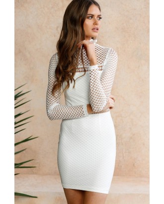 White Long Sleeve Hollow Out Zipper Back Sexy Bodycon Dress