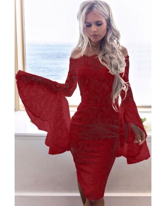 Off Shoulder Hollow Lace Overlay Flare Sleeve Sexy Bodycon Party Dress
