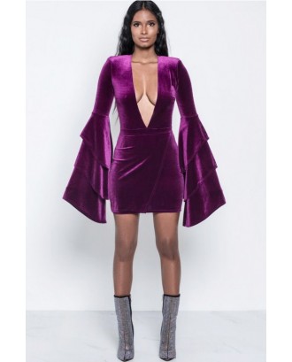 Plunging V Neck Layered Flare Sleeve Sexy Bodycon Velvet Party Dress