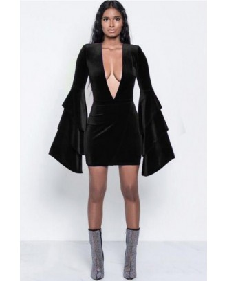 Plunging V Neck Layered Flare Sleeve Sexy Bodycon Velvet Party Dress