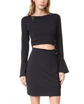 Black Cutout Belted Flare Long Sleeve Sexy Party Dress