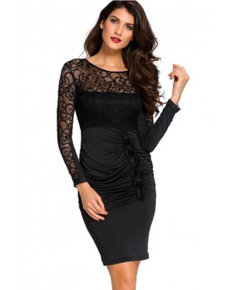 Black Hollow Lace V Back Ruched Long Sleeve Sexy Bodycon Party Dress
