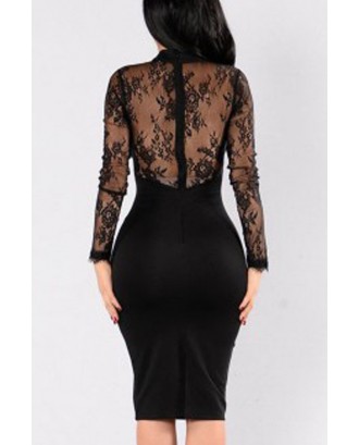 Black Floral Lace Long Sleeve Cutout Halter Sexy Bodycon Dress