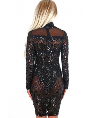 Black Mock Neck Sparkled Sequined See Through Sexy Bodycon Club Dress