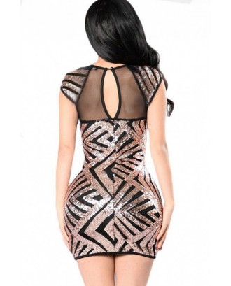 Gold Mesh Sparkle Sequined Keyhole Back Sexy Bodycon Mini Dress