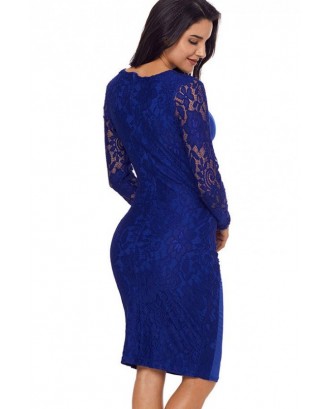 Blue Wrap V Neck Ruched Hollow Lace Sexy Bodycon Party Dress