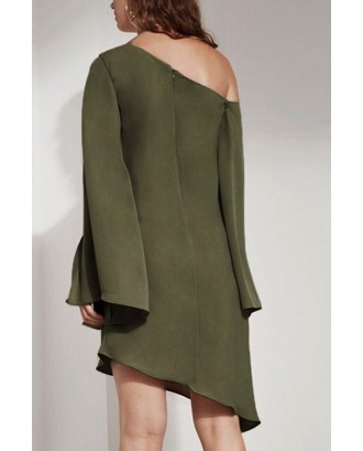 Army Green One Shoulder Asymmetric Slit Long Sleeve Sexy Party Dress