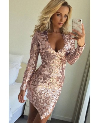 Gold Plunging Sparkle Sequined Long Sleeve Asymmetric Sexy Bodycon Dress