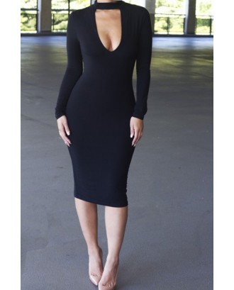 Solid Color Cutout Long Sleeve Sexy Bodycon Dress