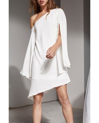 White One Shoulder Asymmetric Slit Long Sleeve Sexy Party Dress