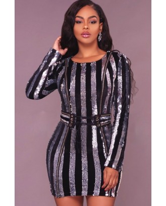 Silver Striped Sparkle Sequined Lace Up Sexy Bodycon Mini Party Dress