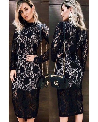 Black Hollow Lace Crochet Long Sleeve Sexy Midi Party Dress