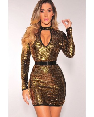 Gold Mock Neck Keyhole Sparkle Sequined Long Sleeve Sexy Bodycon Dress