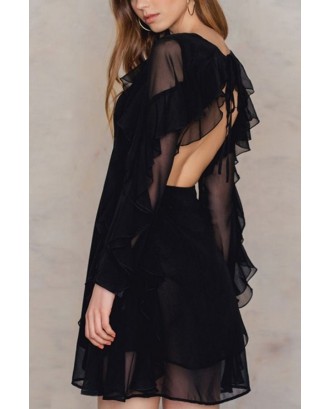 Black Mesh Tied Backless Ruffled Long Sleeve Sexy Party Dress