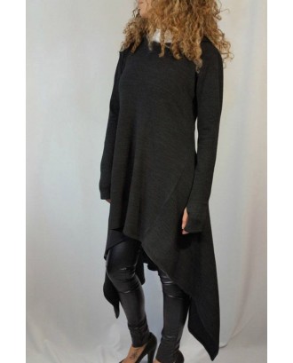 Black Hooded Long Sleeve Asymmetric Sweatshirt Dress