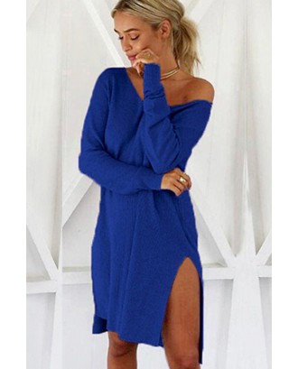 Blue Asymmetrical Neck Slit Long Sleeve Sexy Shift Dress