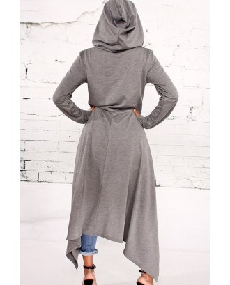 Gray Hooded Long Sleeve Asymmetric Sweatshirt Dress