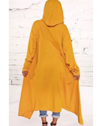 Yellow Cowl Neck Hooded Kangaroo Pocket Asymmetric Sweatshirt Dress