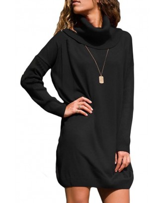 Black Turtle Neck Long Sleeve Casual Sweater Dress