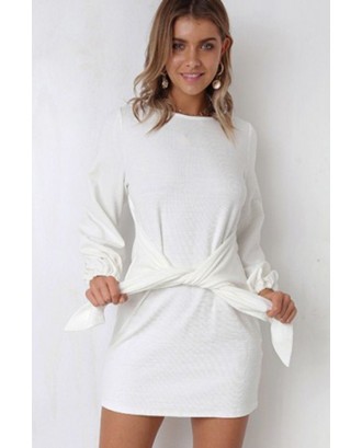 White Round Neck Long Sleeve Tied Casual Mini Dress