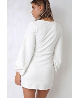 White Round Neck Long Sleeve Tied Casual Mini Dress