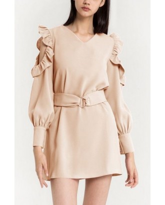 Apricot V Neck Cold Shoulder Ruffled Belted Puff Sleeve Shift Casual Dress