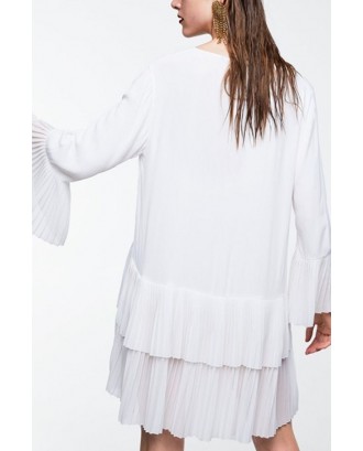 White V Neck Flare Sleeve Ruffles Casual Chiffon Dress