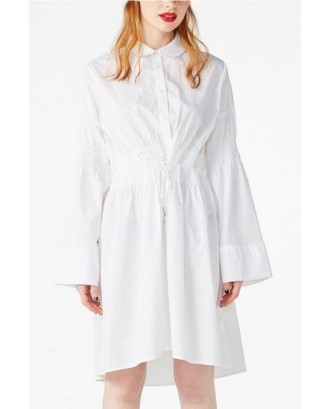 White Button Up Flare Sleeve Drawstring Casual High Low Shirt Dress