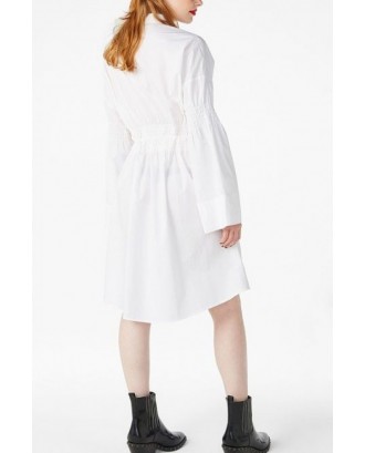 White Button Up Flare Sleeve Drawstring Casual High Low Shirt Dress
