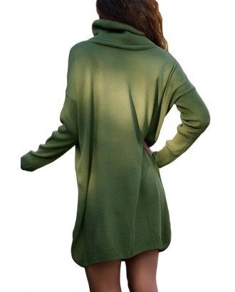 Green Turtle Neck Long Sleeve Casual Sweater Dress