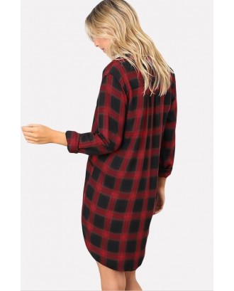 Red Plaid Long Sleeve V Neck Casual Shift Dress