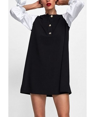Black Two Tone Long Sleeve Button Tied Casual Shirt Dress