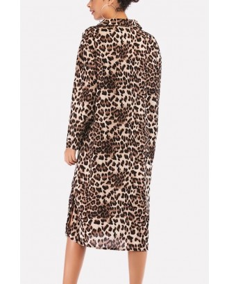 Leopard Print Button Up Slit Hem Lapel Casual Chiffon Dress
