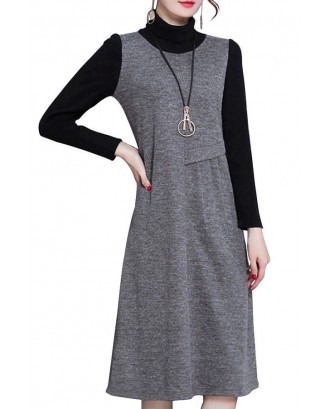 Gray Two Tone High Neck Long Sleeve Casual Sweater Dress