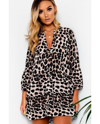 Leopard V Neck Ruffles Flare Sleeve Casual Dress