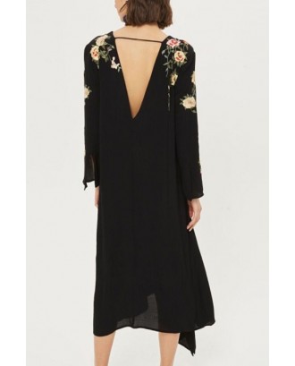 Black Floral Embroidery Long Sleeve V Neck Cutout Casual Shift Dress