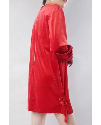 Red Tied Zipper Back Long Sleeve Casual Velvet Sweatshirt Dress