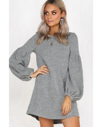 Gray Puff Sleeve Round Neck Casual Shift Dress