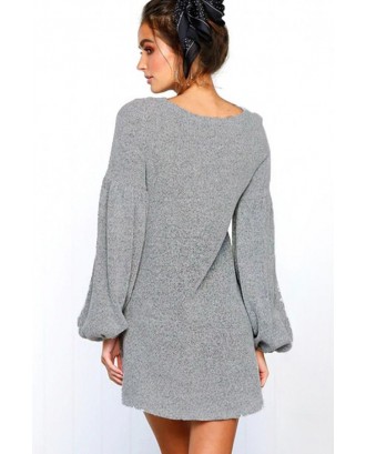 Gray Puff Sleeve Round Neck Casual Shift Dress