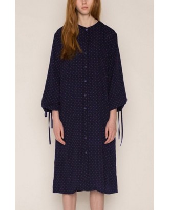 Dark-blue Polka Dot Print Long Sleeve Button Up Casual Midi Dress