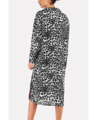 Leopard Print Button Up Slit Hem Lapel Casual Chiffon Dress